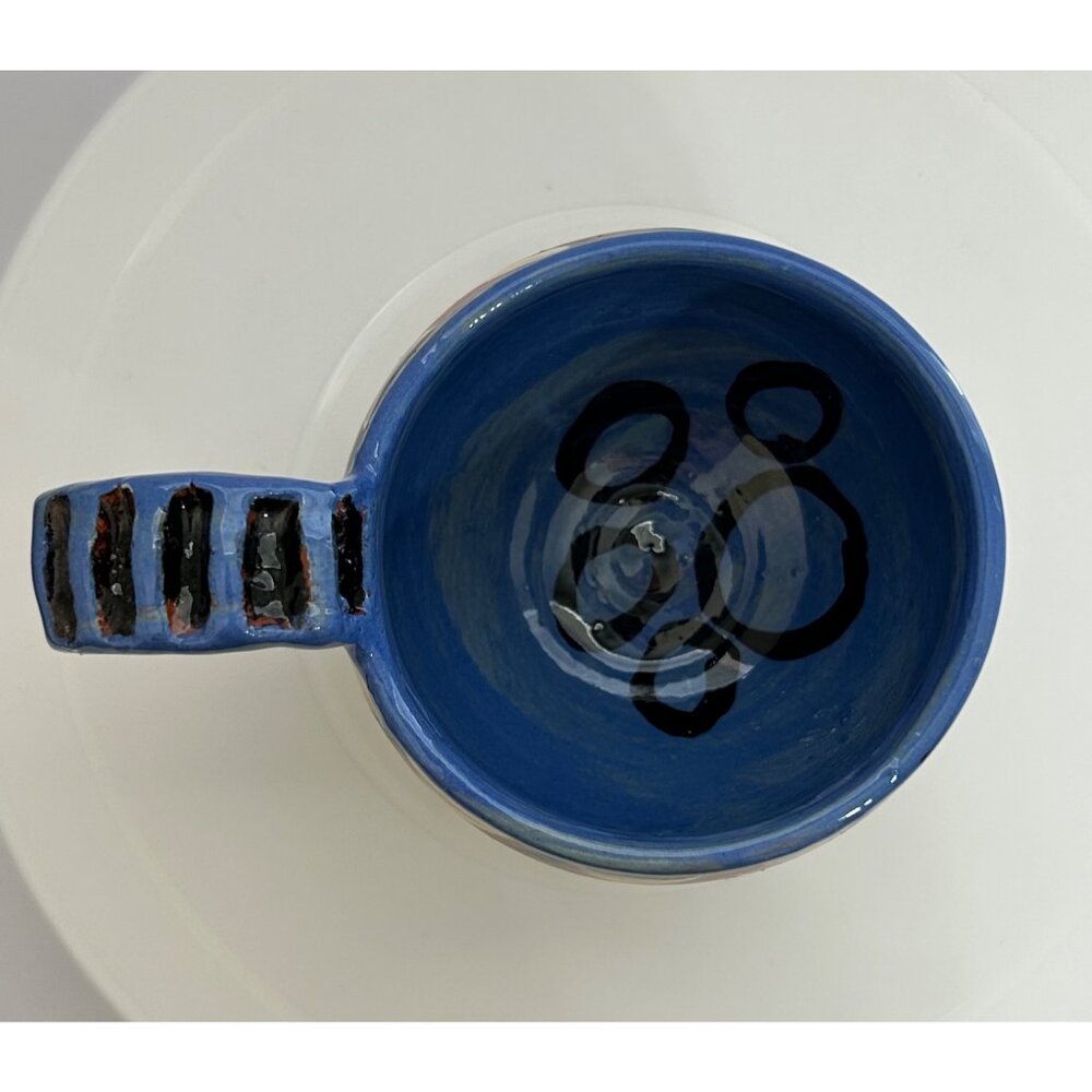 Handmade Pottery Cat Mug Sculpted Legs & Handle Blue Brown Black Whimsical Fun - Picture 5 of 9
